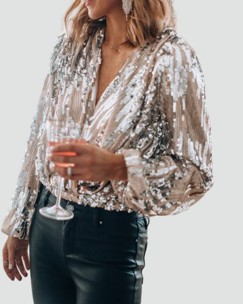 Delaney Chemisier Femme – Blouse à Paillettes avec Col V et Manches Longues Élégante