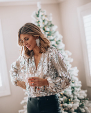 Delaney Chemisier Femme – Blouse à Paillettes avec Col V et Manches Longues Élégante