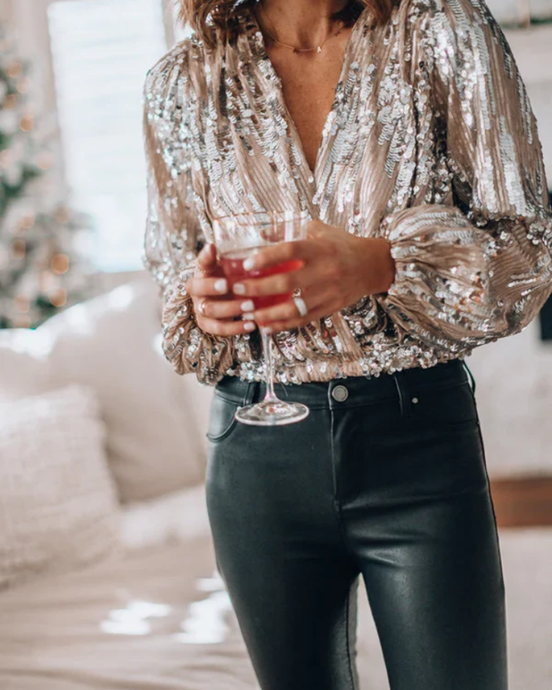 Delaney Chemisier Femme – Blouse à Paillettes avec Col V et Manches Longues Élégante