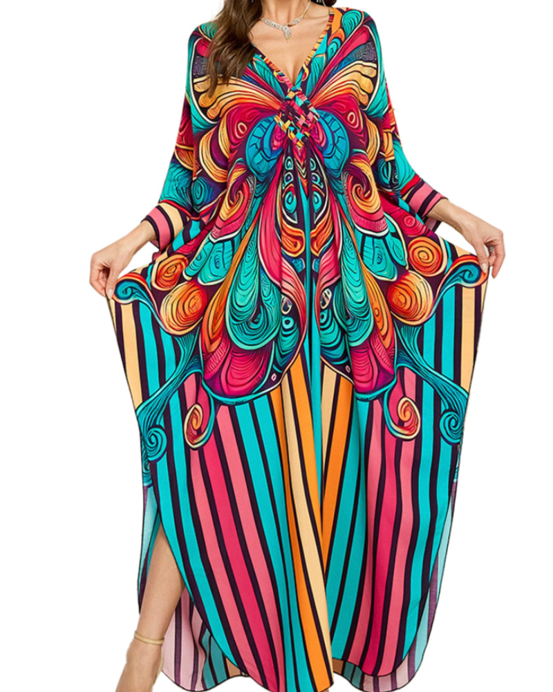Yana Kaftan Mujer Talla Grande – Vestido Playa Maxi de Viscosa, Cuello en V y Mangas Murciélago Bohemio