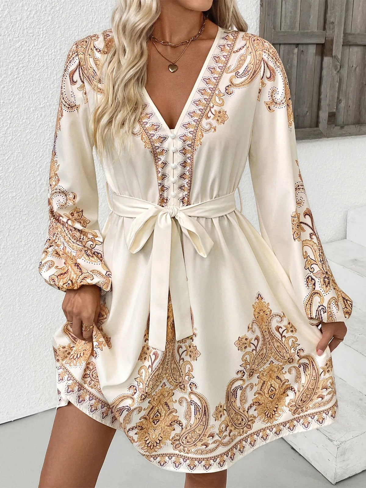 Éléna Vestido de mujer – Vestido estampado con cinturón, mangas largas y corte elegante y versátil