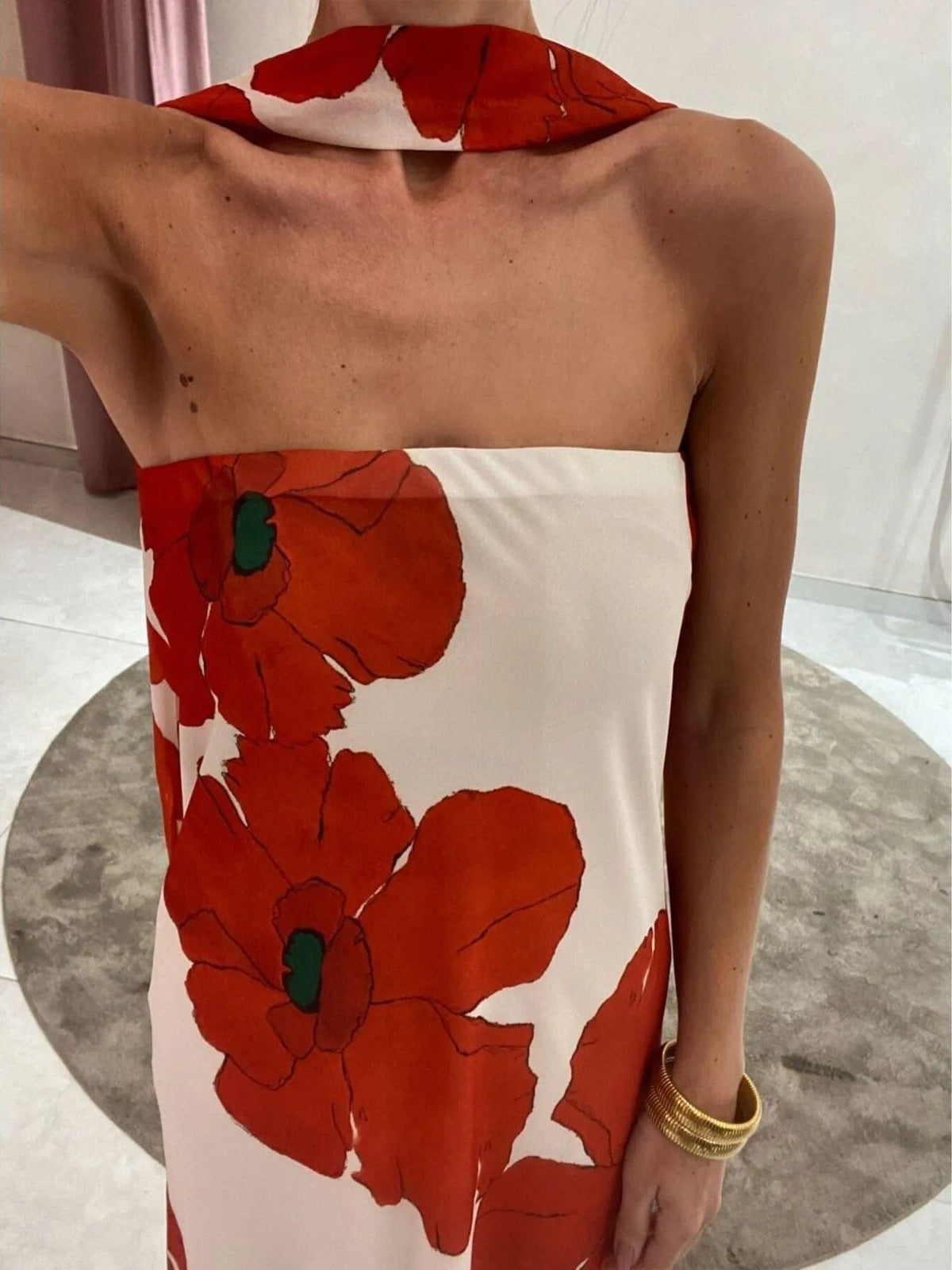 Isaline – elegancka letnia długa sukienka maxi damska, dopasowana sukienka bez ramiączek z nadrukiem