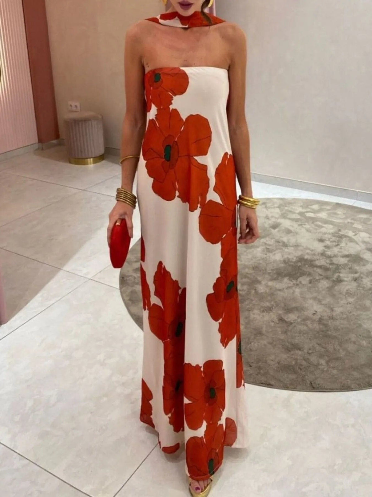 Isaline – elegancka letnia długa sukienka maxi damska, dopasowana sukienka bez ramiączek z nadrukiem