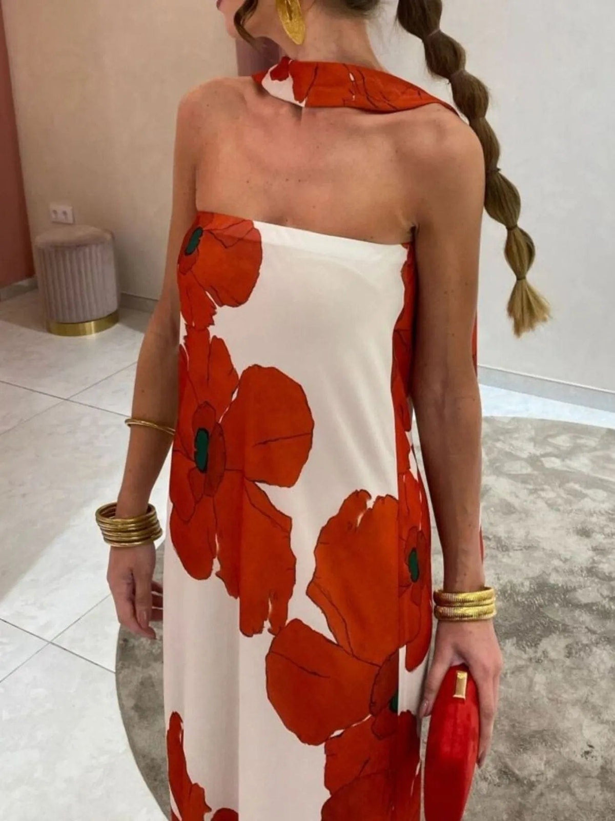 Isaline – elegancka letnia długa sukienka maxi damska, dopasowana sukienka bez ramiączek z nadrukiem