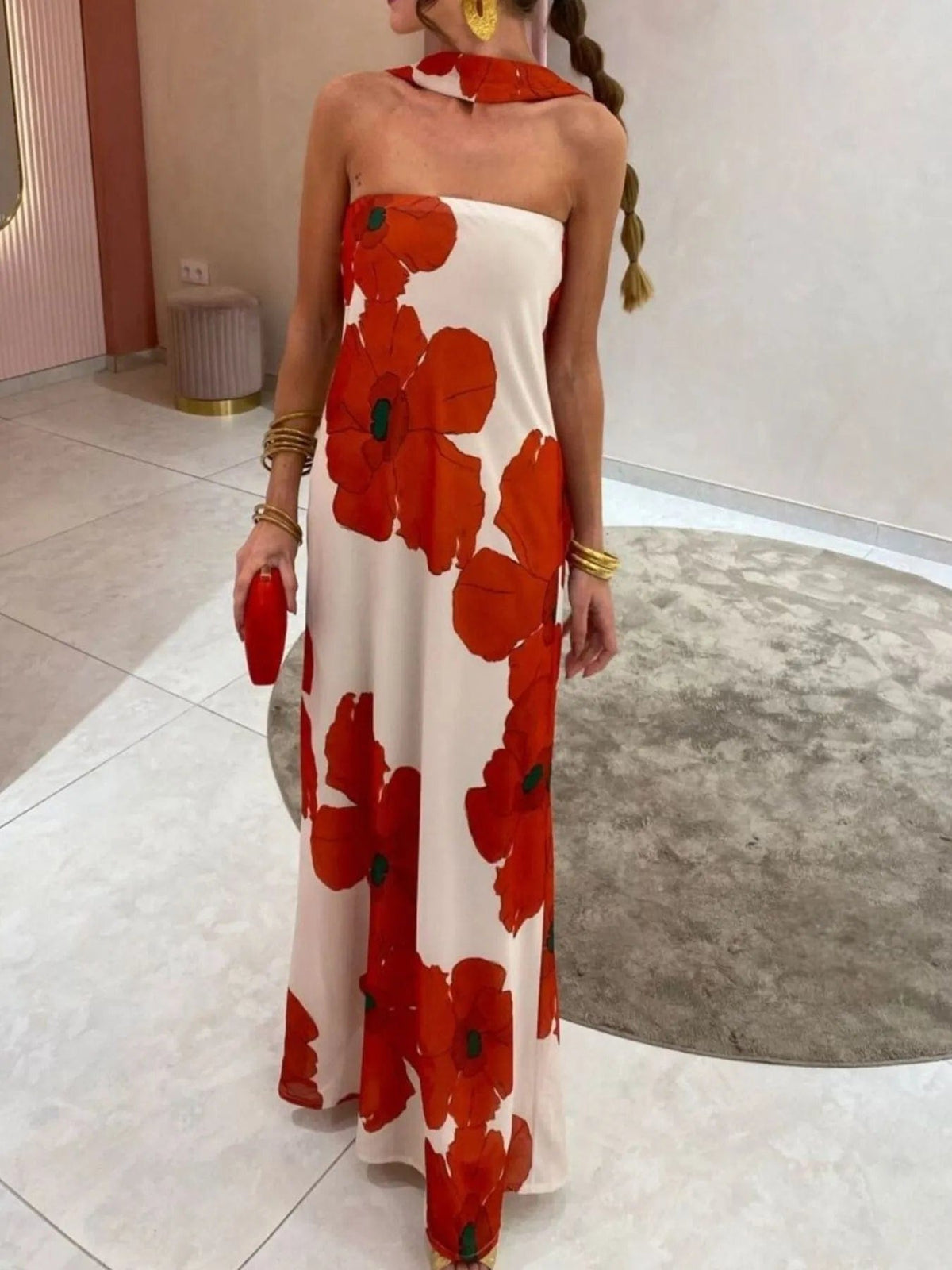 Isaline – elegancka letnia długa sukienka maxi damska, dopasowana sukienka bez ramiączek z nadrukiem