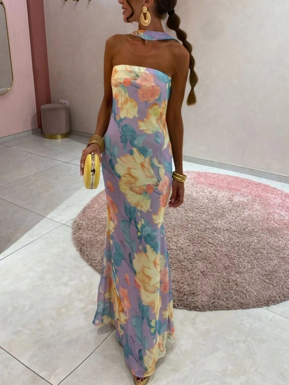 Isaline – elegancka letnia długa sukienka maxi damska, dopasowana sukienka bez ramiączek z nadrukiem