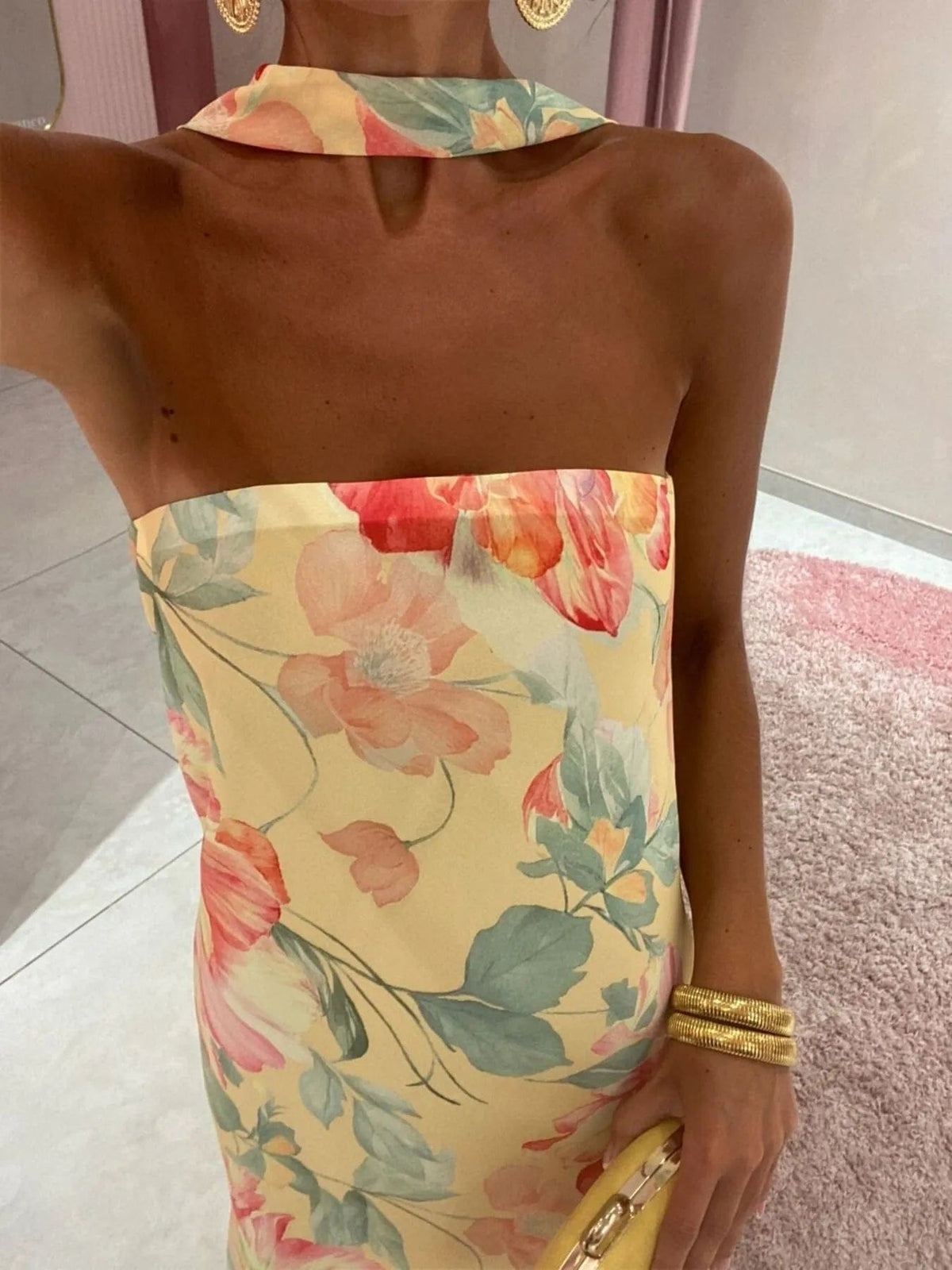 Isaline – elegancka letnia długa sukienka maxi damska, dopasowana sukienka bez ramiączek z nadrukiem