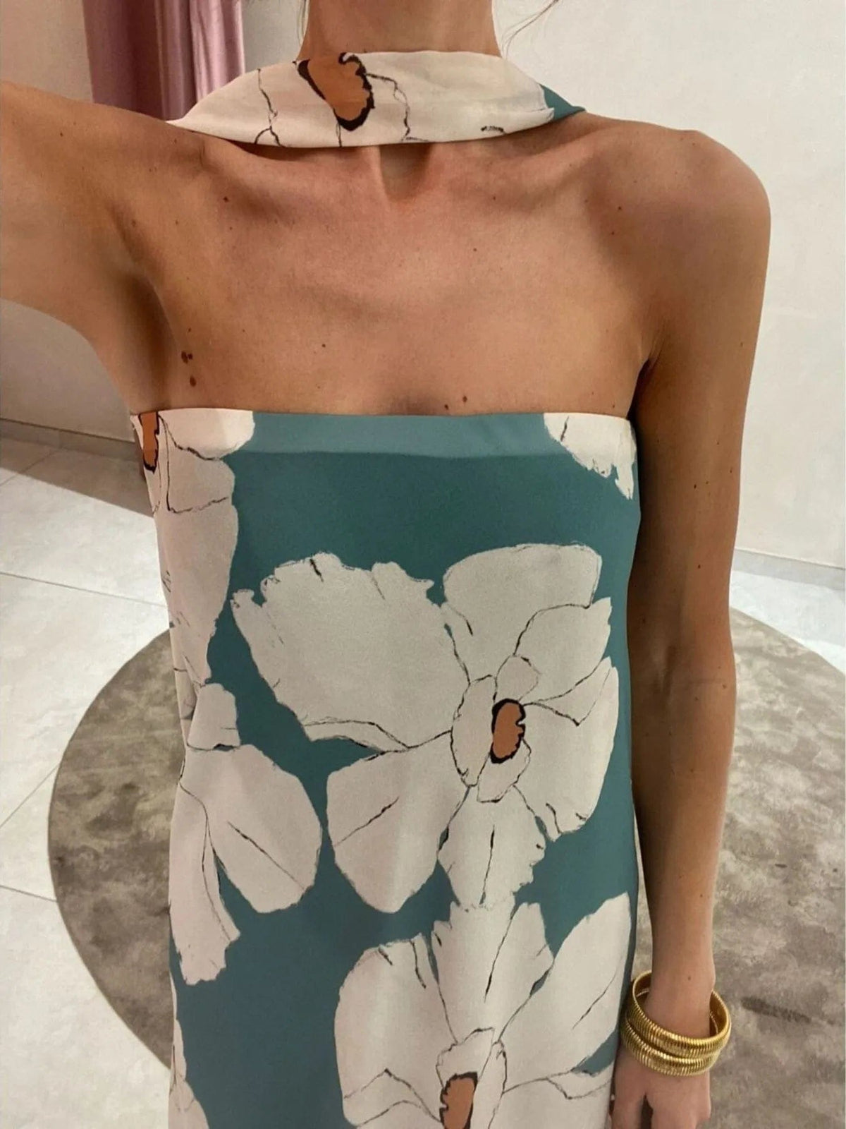 Isaline – elegancka letnia długa sukienka maxi damska, dopasowana sukienka bez ramiączek z nadrukiem