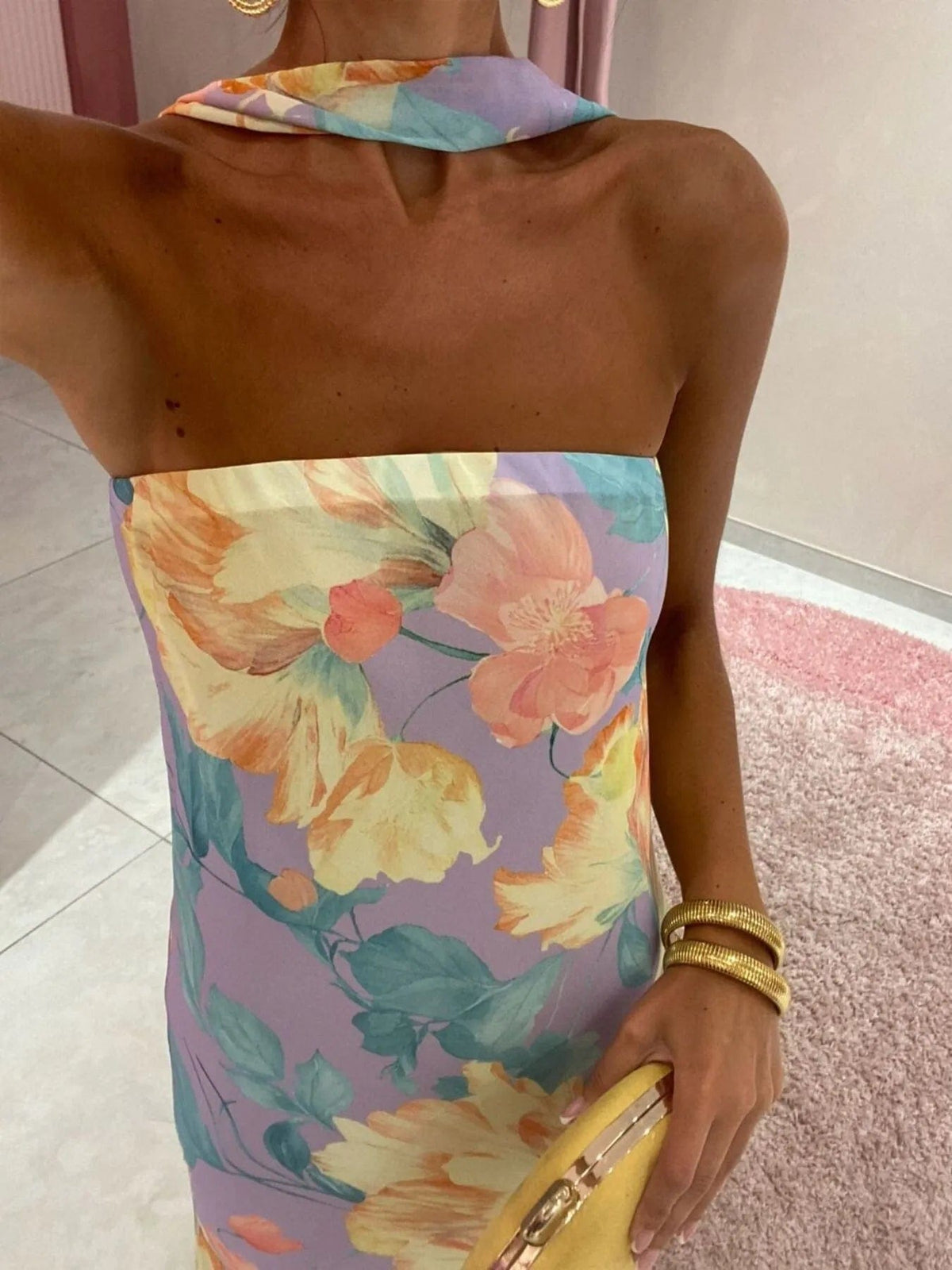 Isaline – elegancka letnia długa sukienka maxi damska, dopasowana sukienka bez ramiączek z nadrukiem