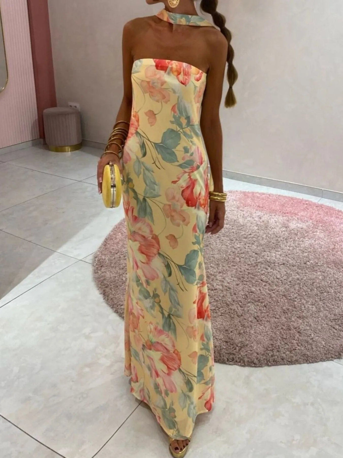 Isaline – elegancka letnia długa sukienka maxi damska, dopasowana sukienka bez ramiączek z nadrukiem