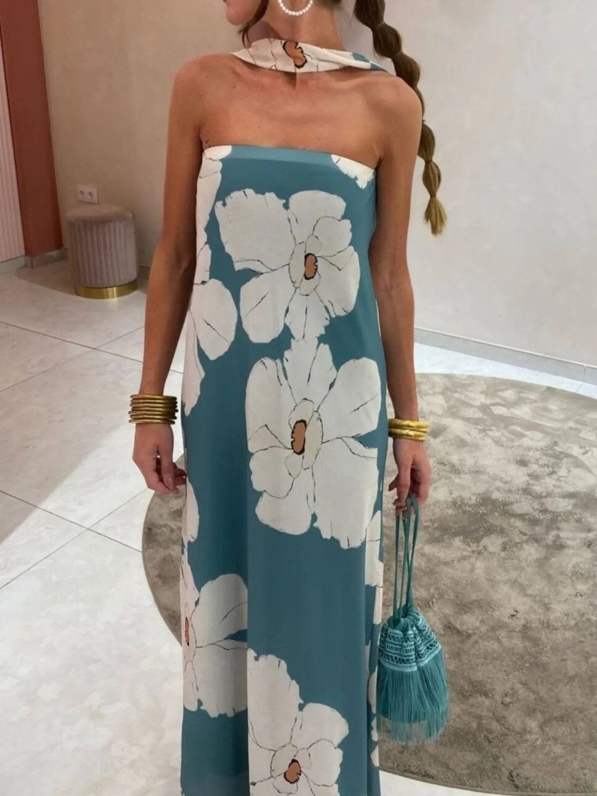 Isaline – elegancka letnia długa sukienka maxi damska, dopasowana sukienka bez ramiączek z nadrukiem