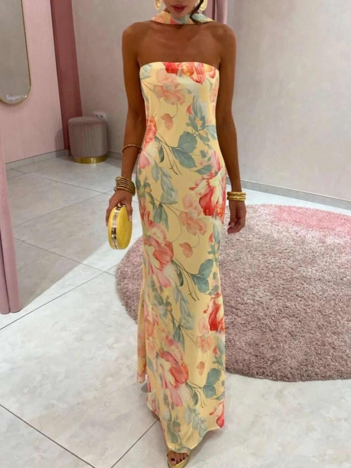 Isaline – elegancka letnia długa sukienka maxi damska, dopasowana sukienka bez ramiączek z nadrukiem