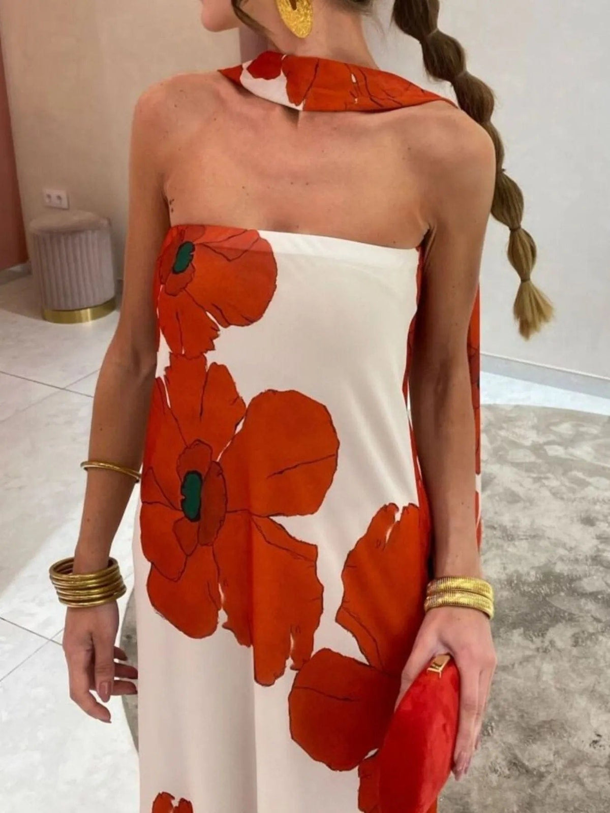 Isaline – elegancka letnia długa sukienka maxi damska, dopasowana sukienka bez ramiączek z nadrukiem