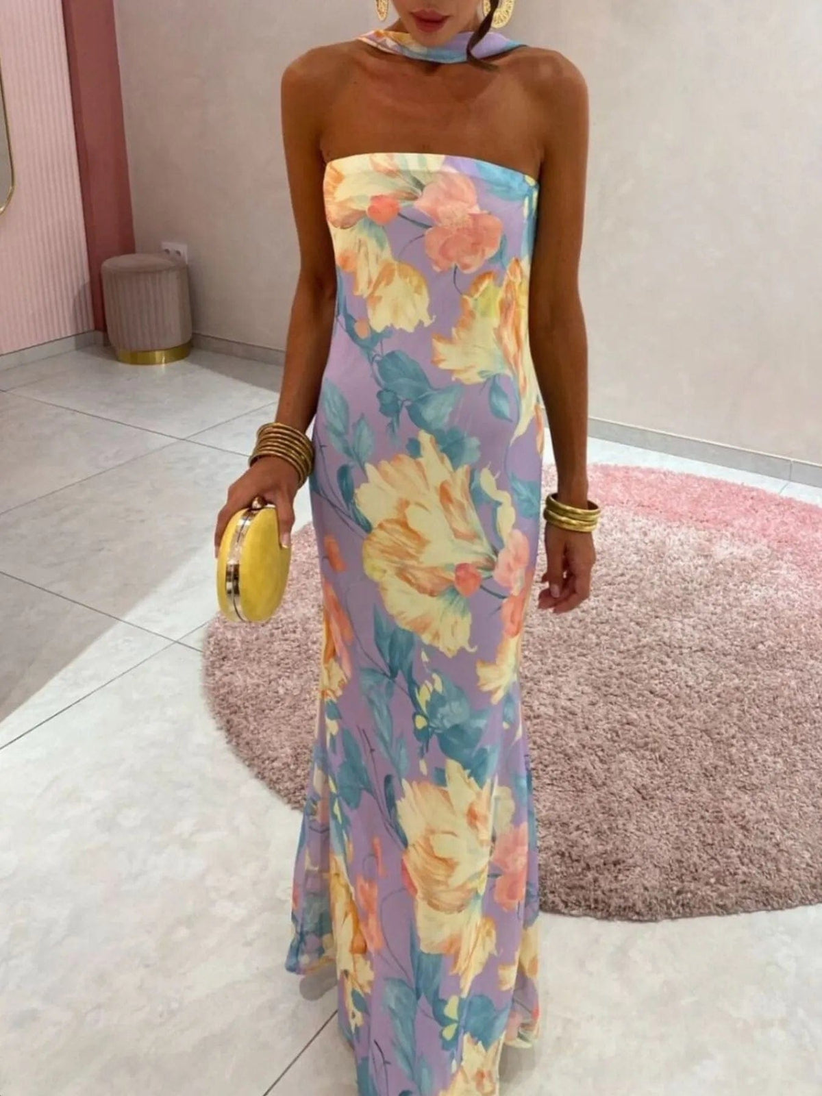 Isaline – elegancka letnia długa sukienka maxi damska, dopasowana sukienka bez ramiączek z nadrukiem