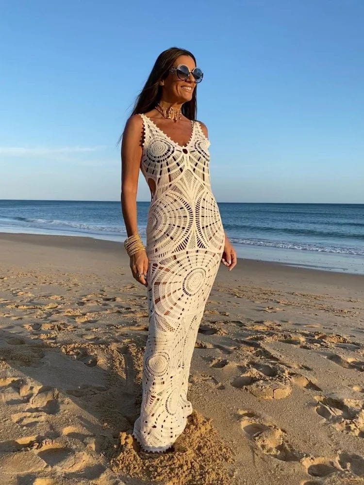 Maïwen Women's Beach Dress – Long Beige Crochet Dress with V-Neck and Cutouts
