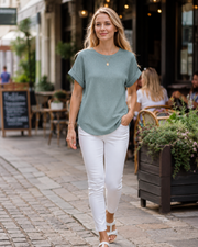 Hannah Top Mulher em Malha Texturada – T-shirt com Gola Redonda e Mangas Dobradas