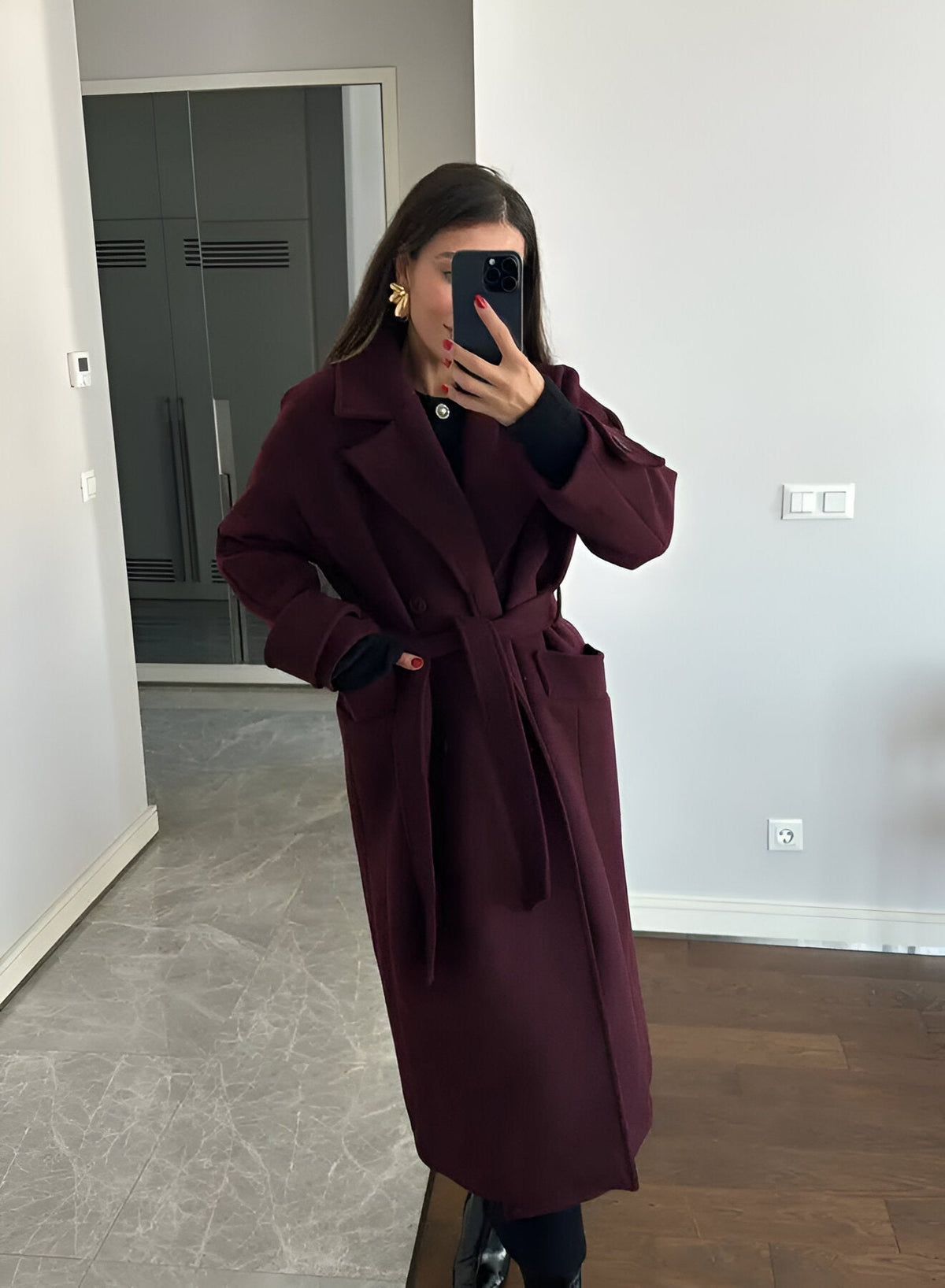 Victoria Oversized Coat for Women – Burgundy Mixed Wool Coat Elegant Cut
