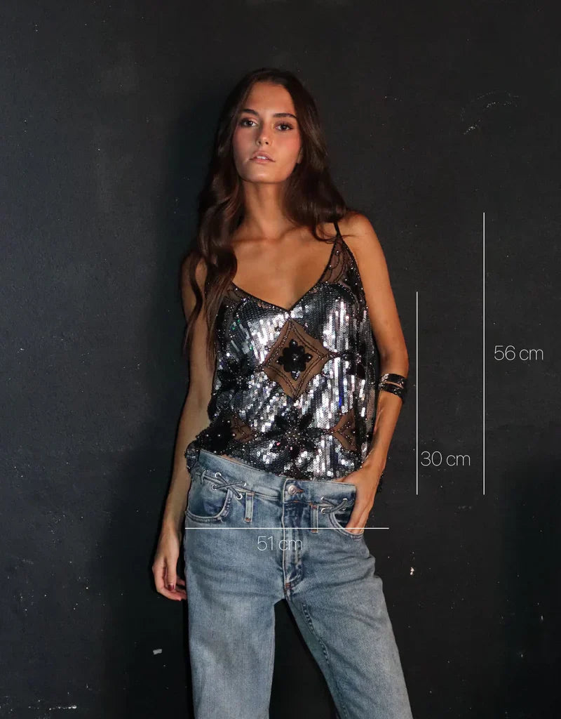 Diana High Women-elegante diseño floral semitransparente con lentejuelas y cuello en V