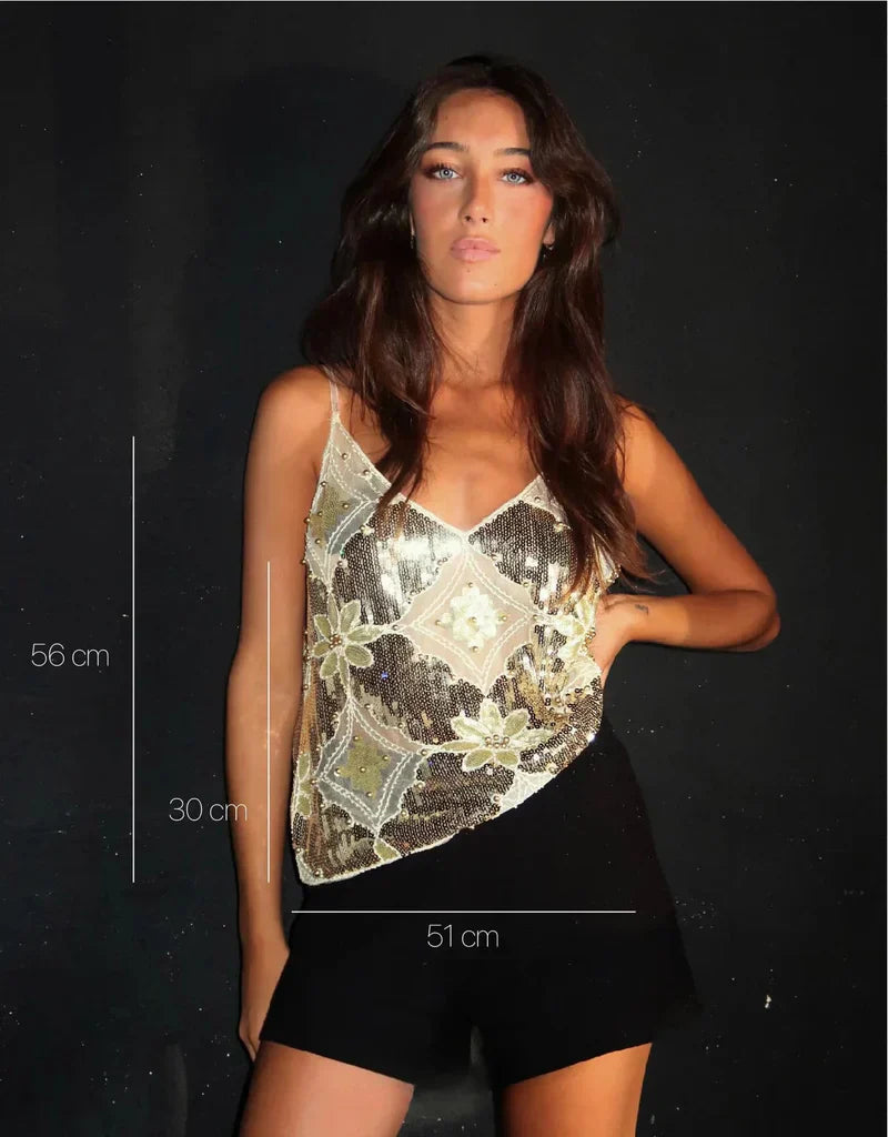 Diana High Women-elegante diseño floral semitransparente con lentejuelas y cuello en V