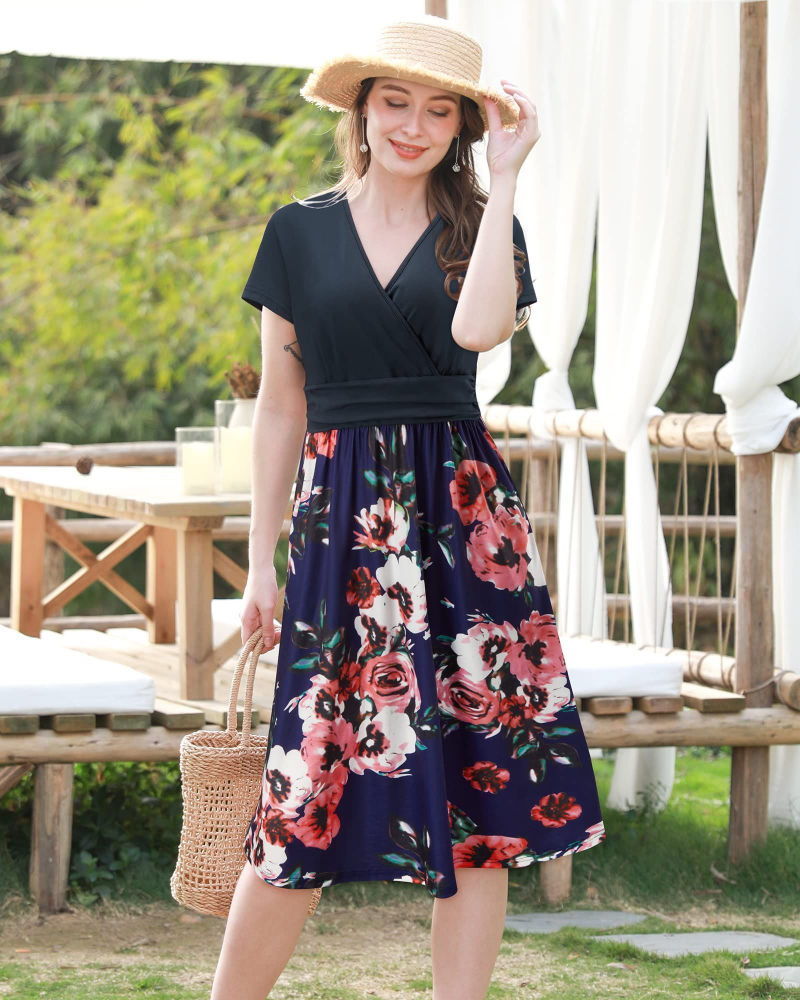 Rosalie Women's Floral Midi Dress – V-Neck Empire Waist Dress with Pockets