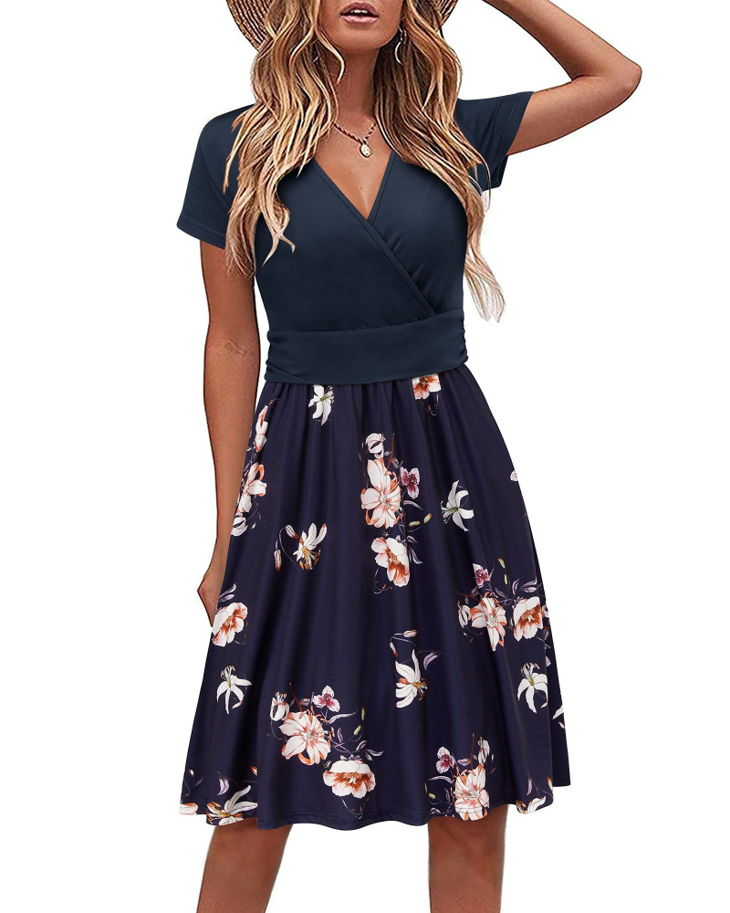 Rosalie Women's Floral Midi Dress – V-Neck Empire Waist Dress with Pockets