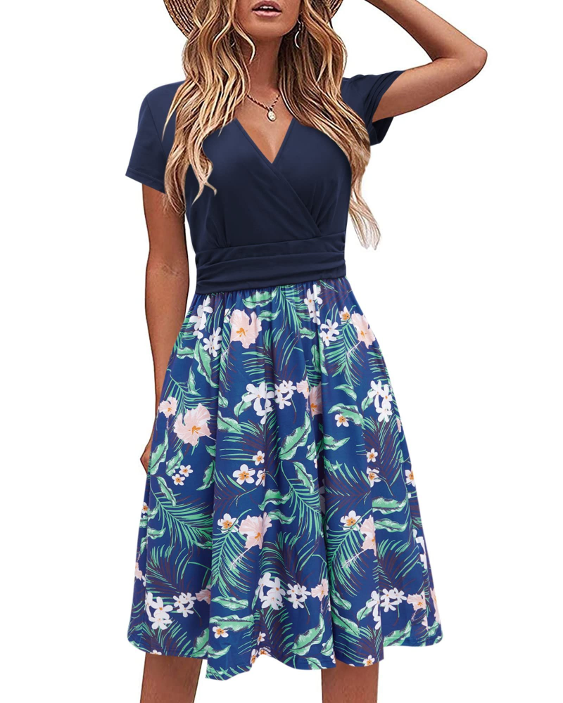 Rosalie Women's Floral Midi Dress – V-Neck Empire Waist Dress with Pockets