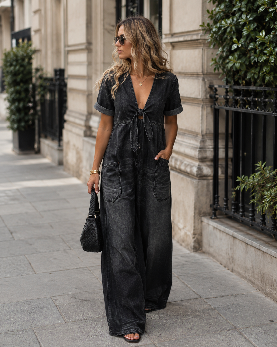 Naya Mono corto de mujer en denim – Escote en V, mangas cortas y corte holgado