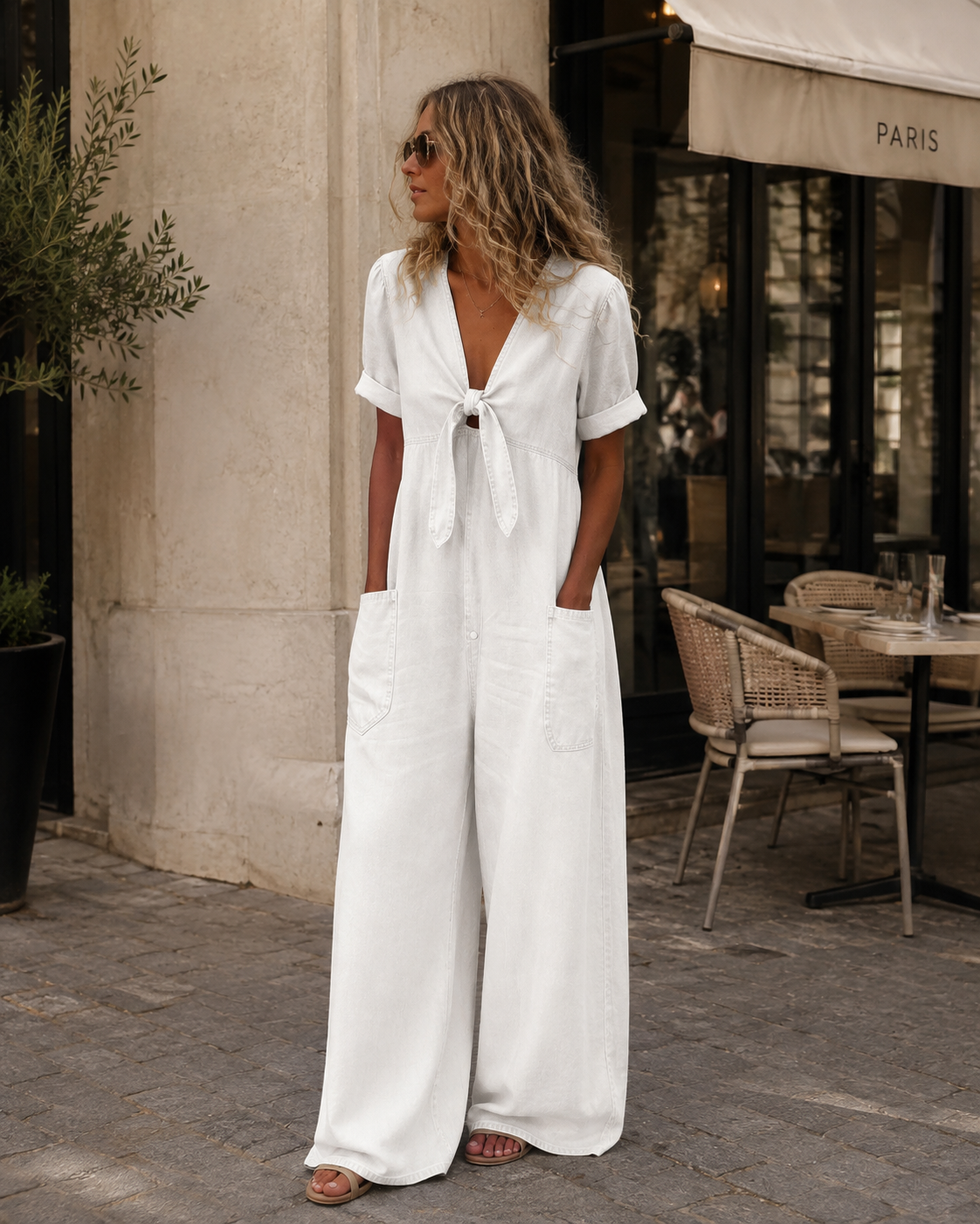 Naya Mono corto de mujer en denim – Escote en V, mangas cortas y corte holgado