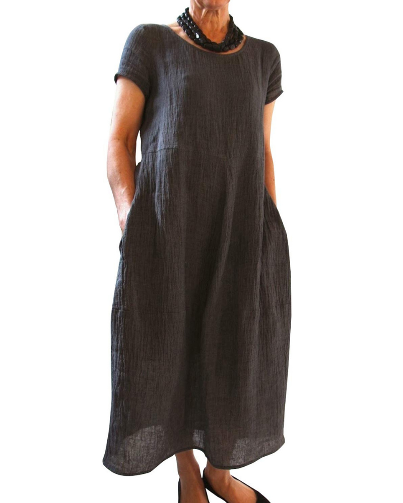 Aubrey Maxi Dress for Women – Long Round Neck Dress with Short Sleeves and Pockets