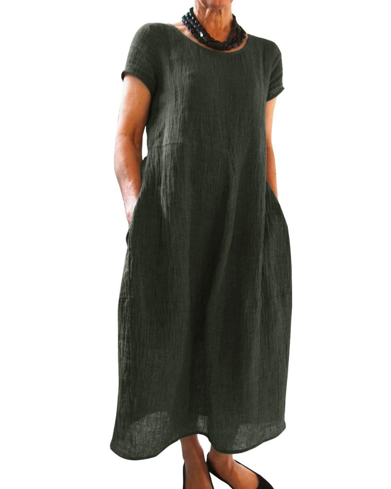 Aubrey Maxi Dress for Women – Long Round Neck Dress with Short Sleeves and Pockets