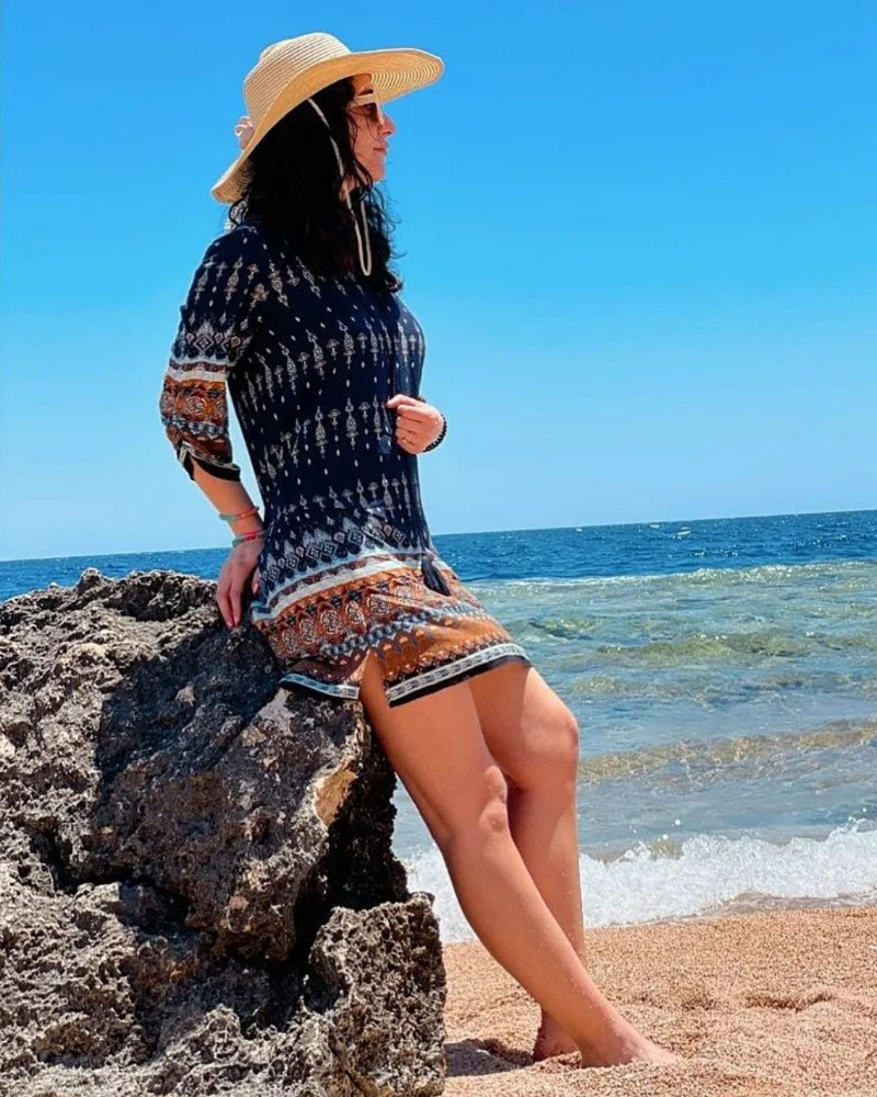 Τούνακ Μπόεμ Γυναικεία Φόρεμα Tessa – Φλοράλ Φόρεμα με V Λαιμόκοψη και Κρόσσια