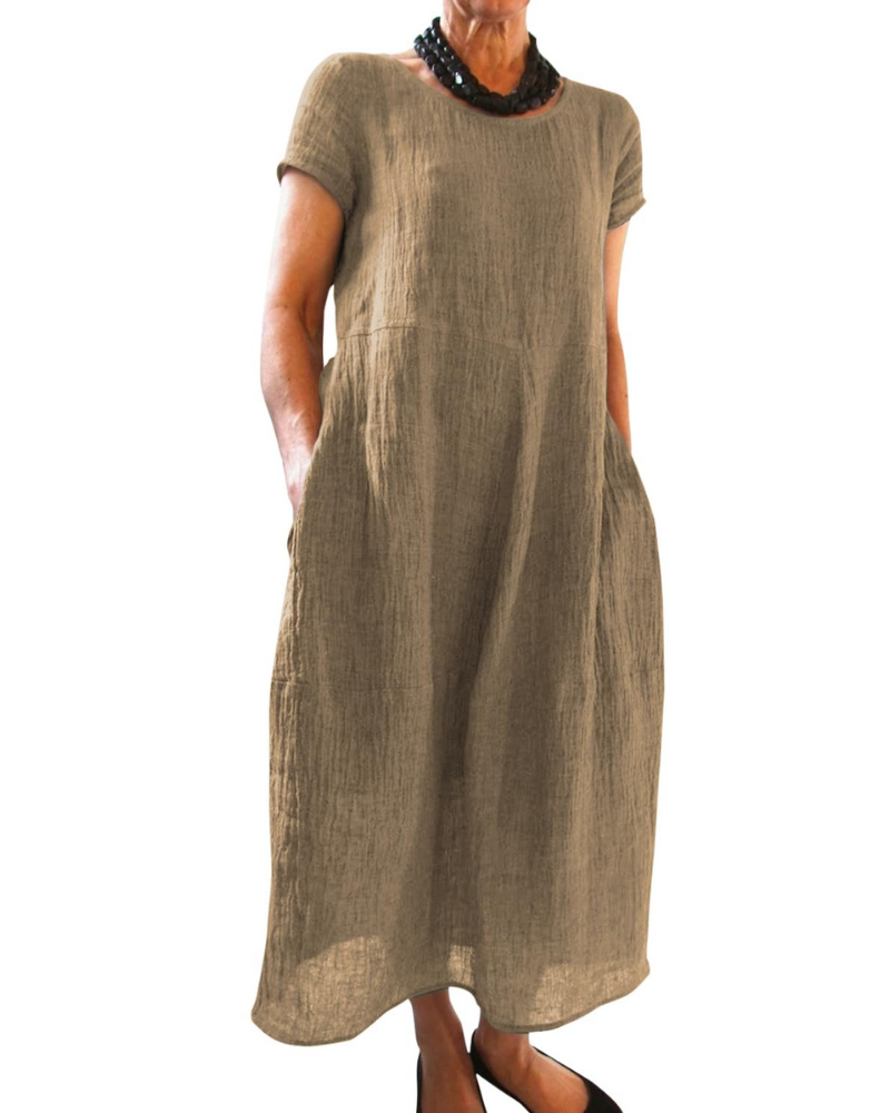 Aubrey Maxi Dress for Women – Long Round Neck Dress with Short Sleeves and Pockets