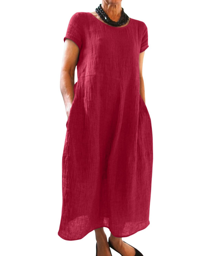 Aubrey Maxi Dress for Women – Long Round Neck Dress with Short Sleeves and Pockets